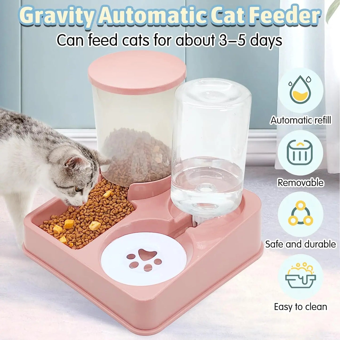 Dispensador Automático de Comida y Agua para Gatos, Set 2 en 1 con Alimentador Inclinado